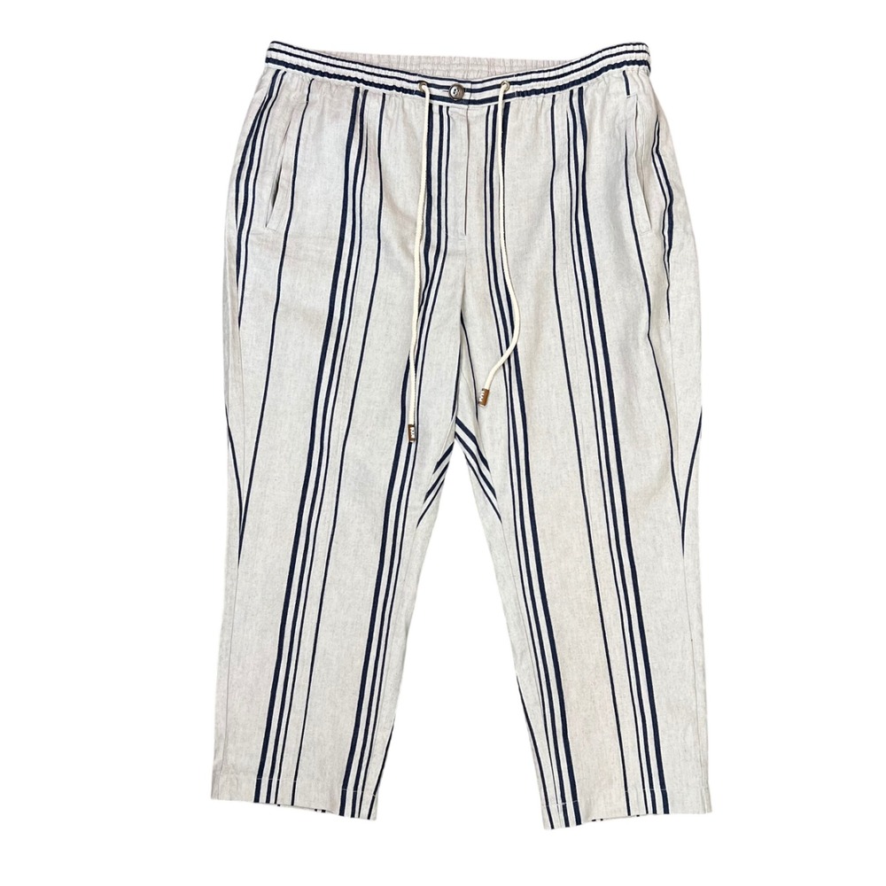 Soft Surroundings Striped Linen Blend Pants Womens 1X Beige Navy Blue Coastal